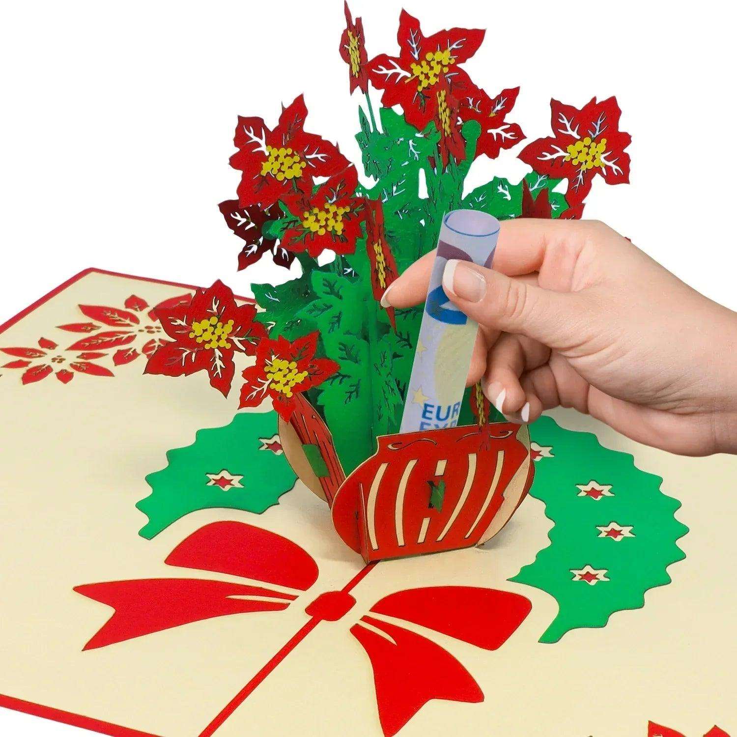 Pop Up Weihnachtskarte 3D - Weihnachtsblumen, Weihnachtssterne, N456 - LINPopUp