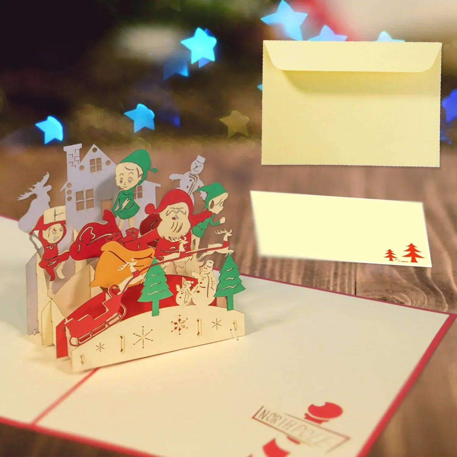 Pop Up Weihnachtskarte 3D - Weihnachtsmann, Elfe, Wichtel am Nordpol, N441 - LINPopUp