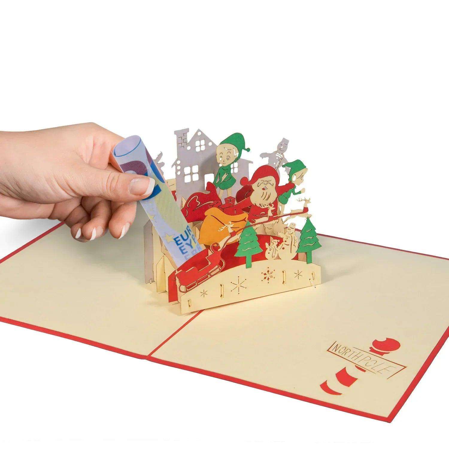 Pop Up Weihnachtskarte 3D - Weihnachtsmann, Elfe, Wichtel am Nordpol, N441 - LINPopUp