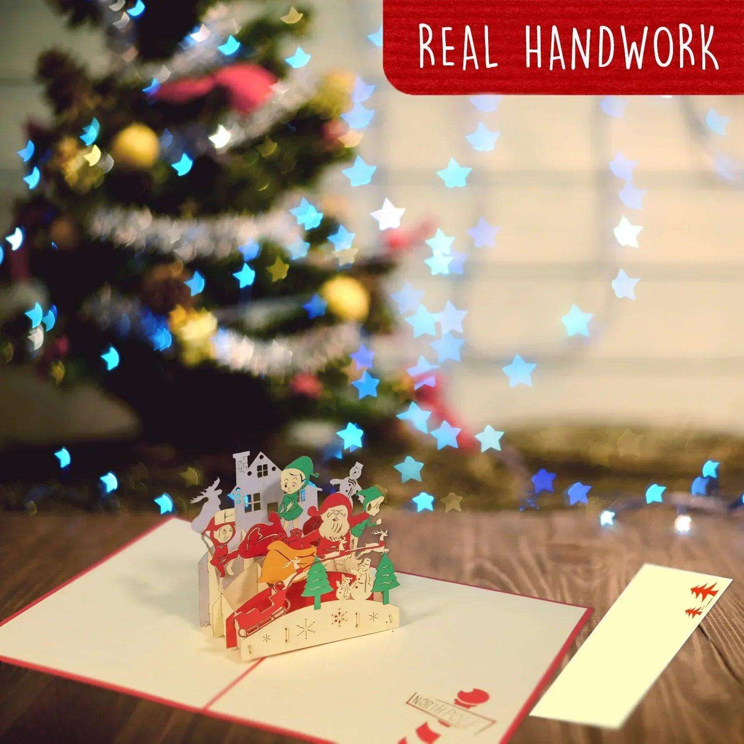 Pop Up Weihnachtskarte 3D - Weihnachtsmann, Elfe, Wichtel am Nordpol, N441 - LINPopUp