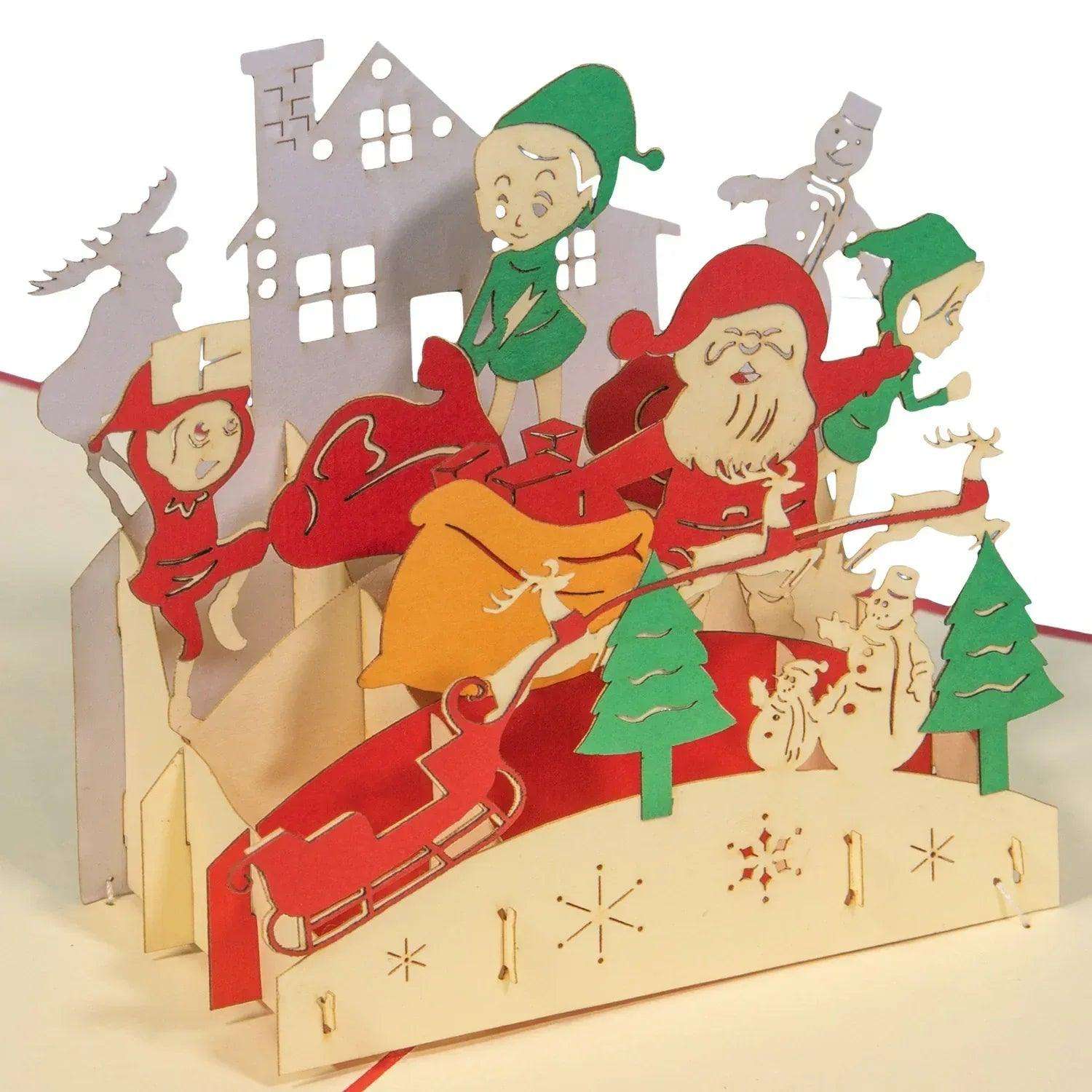 Pop Up Weihnachtskarte 3D - Weihnachtsmann, Elfe, Wichtel am Nordpol, N441 - LINPopUp