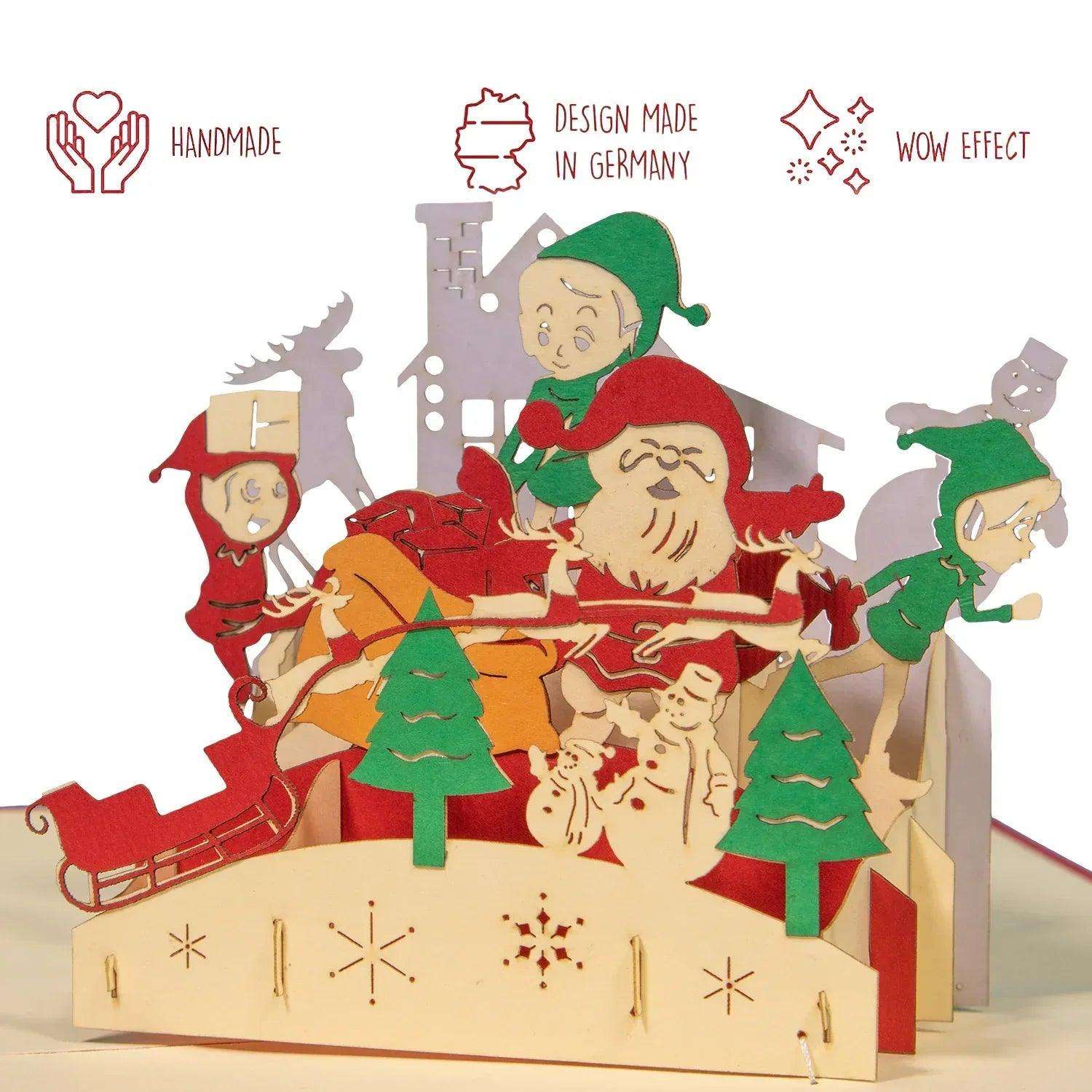 Pop Up Weihnachtskarte 3D - Weihnachtsmann, Elfe, Wichtel am Nordpol, N441 - LINPopUp