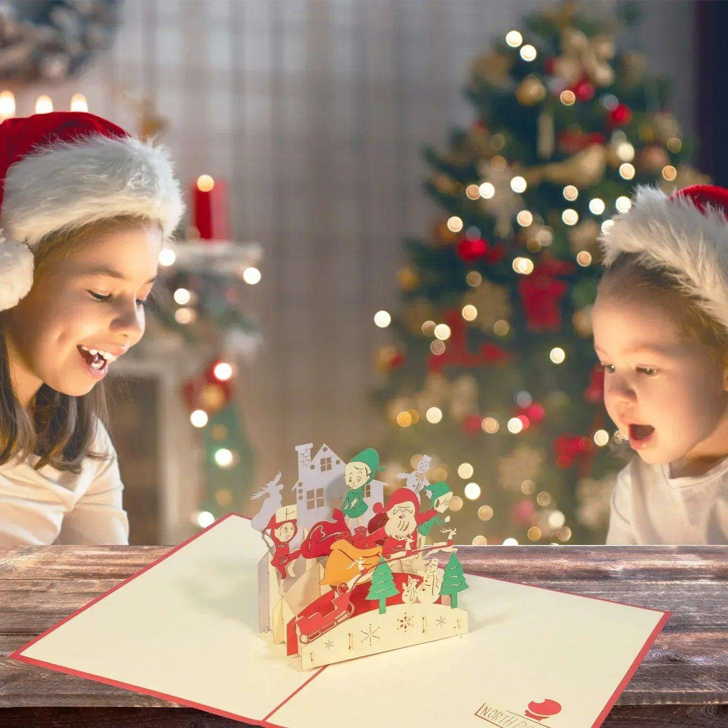 Pop Up Weihnachtskarte 3D - Weihnachtsmann, Elfe, Wichtel am Nordpol, N441 - LINPopUp