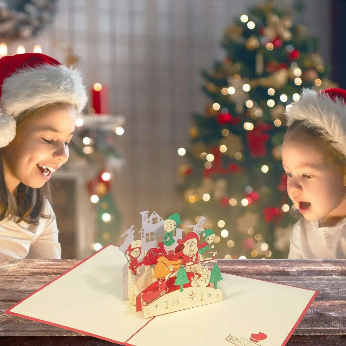 Pop Up Weihnachtskarte 3D - Weihnachtsmann, Elfe, Wichtel am Nordpol, N441 - LINPopUp