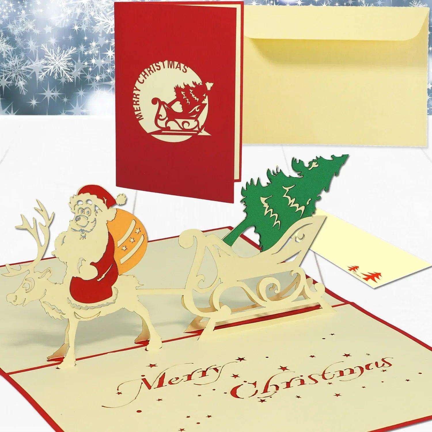 Pop Up Weihnachtskarte 3D - Weihnachtsmann & Rentier, Schlitten, N411 - LINPopUp