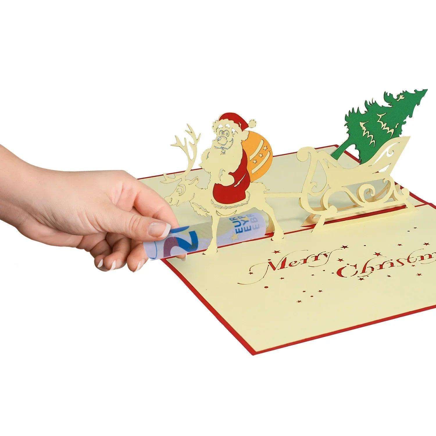 Pop Up Weihnachtskarte 3D - Weihnachtsmann & Rentier, Schlitten, N411 - LINPopUp