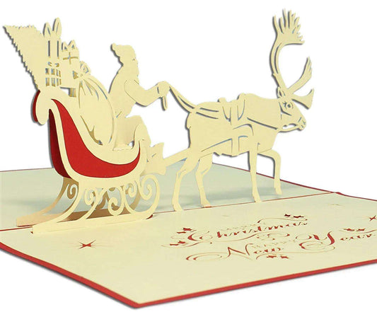 Pop Up Weihnachtskarte 3D - Weihnachtsmann & Rentier, Schlitten, N404 - LINPopUp