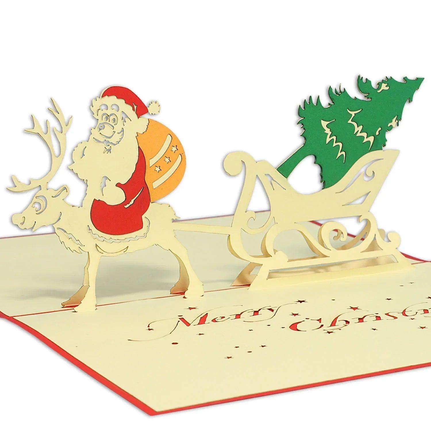 Pop Up Weihnachtskarte 3D - Weihnachtsmann & Rentier, Schlitten, N411 - LINPopUp