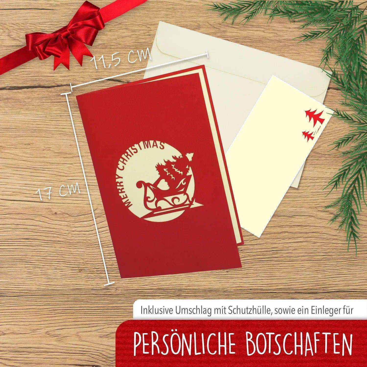 Pop Up Weihnachtskarte 3D - Weihnachtsmann & Rentier, Schlitten, N411 - LINPopUp