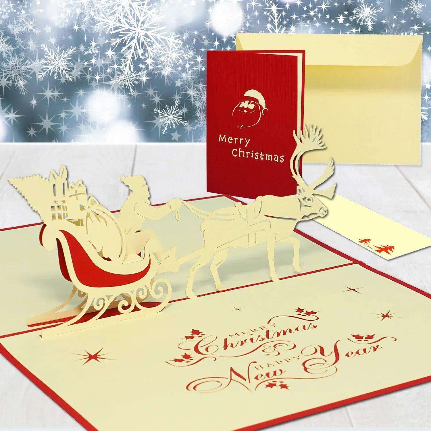 Pop Up Weihnachtskarte 3D - Weihnachtsmann & Rentier, Schlitten, N404 - LINPopUp