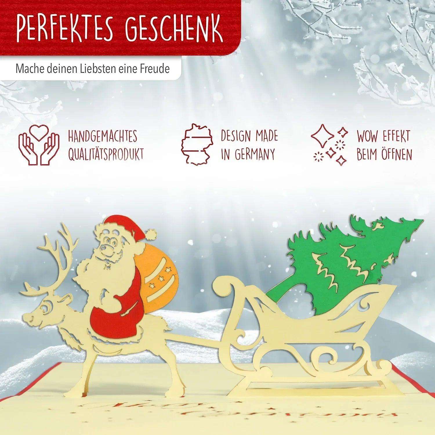 Pop Up Weihnachtskarte 3D - Weihnachtsmann & Rentier, Schlitten, N411 - LINPopUp