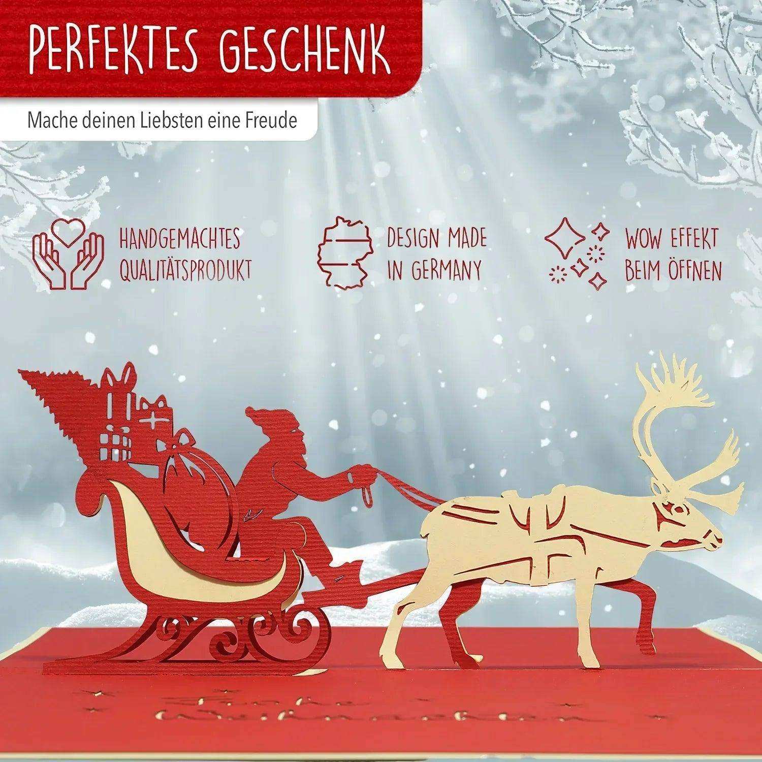 Pop Up Weihnachtskarte 3D - Weihnachtsmann & Rentier, Schlitten, N403 LINPopUp N403