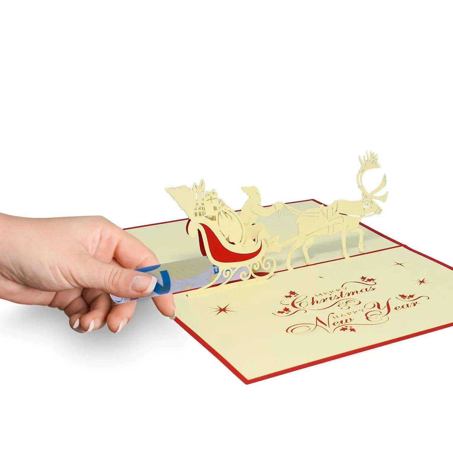 Pop Up Weihnachtskarte 3D - Weihnachtsmann & Rentier, Schlitten, N404 - LINPopUp