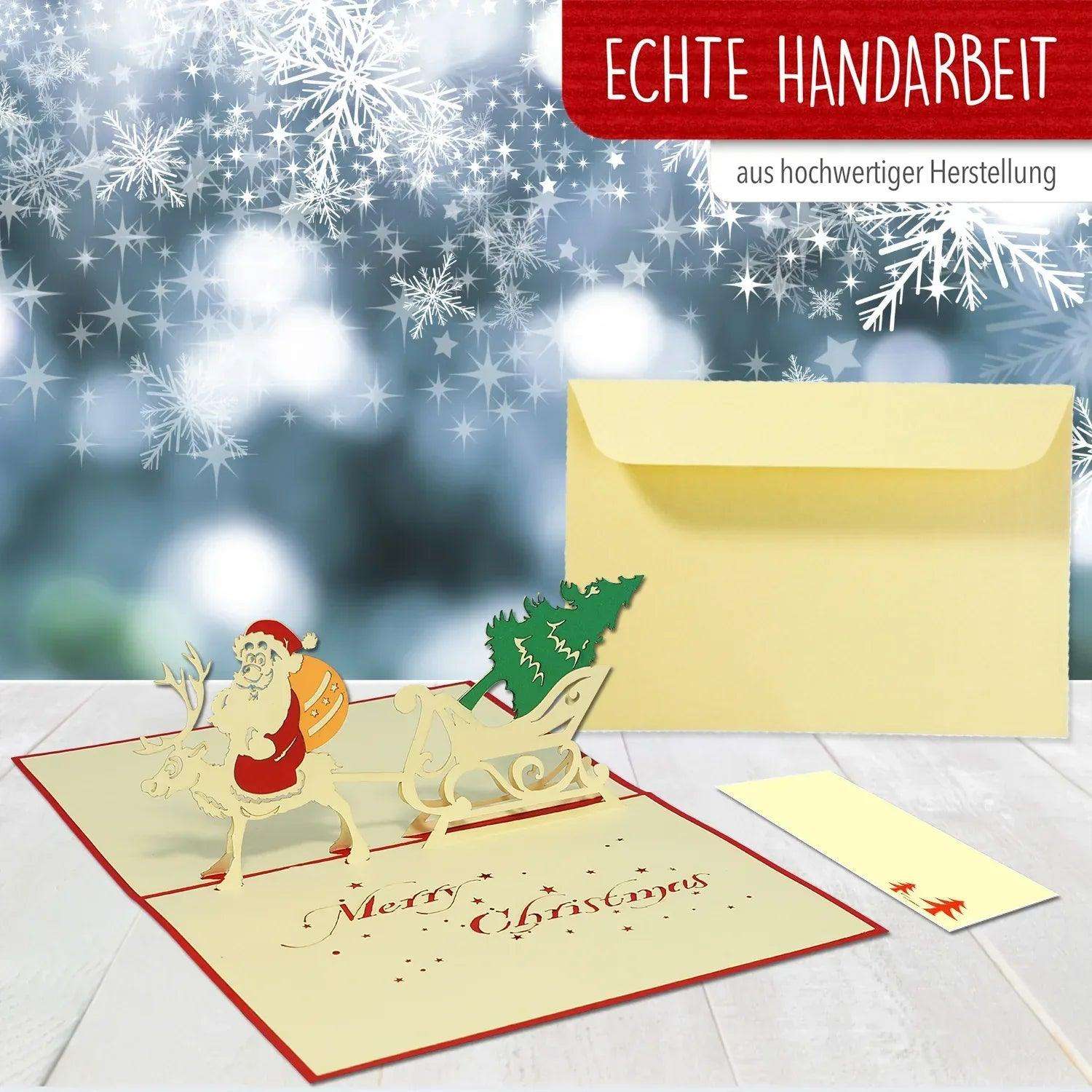 Pop Up Weihnachtskarte 3D - Weihnachtsmann & Rentier, Schlitten, N411 - LINPopUp