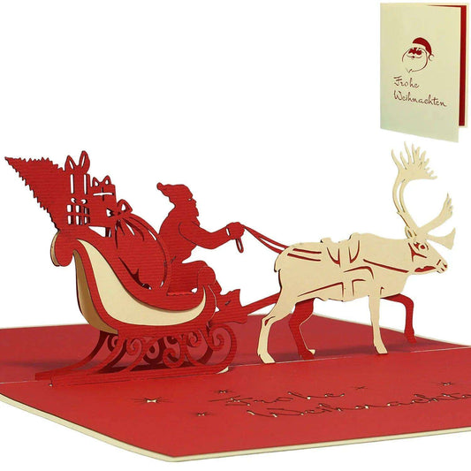 Pop Up Weihnachtskarte 3D - Weihnachtsmann & Rentier, Schlitten, N403 - LINPopUp
