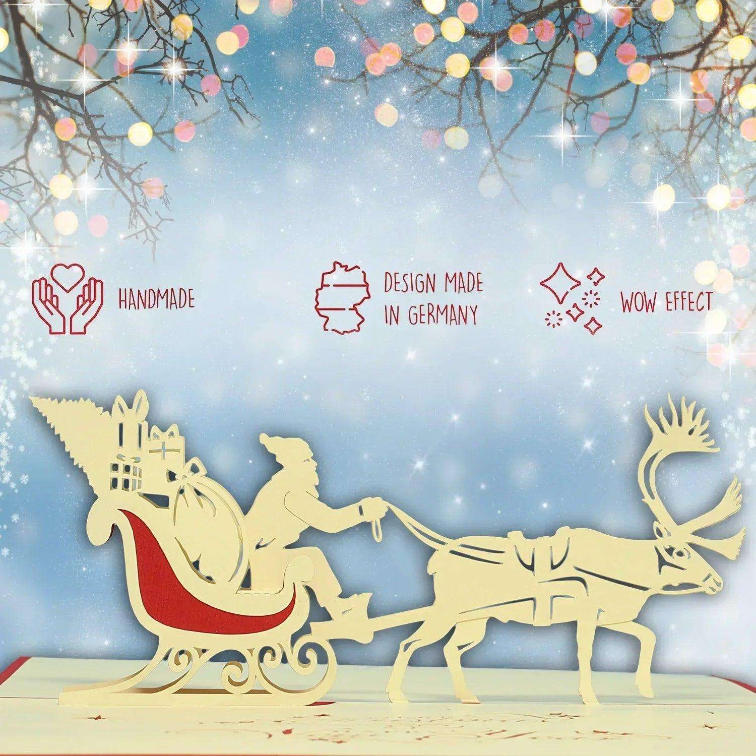 Pop Up Weihnachtskarte 3D - Weihnachtsmann & Rentier, Schlitten, N404 - LINPopUp
