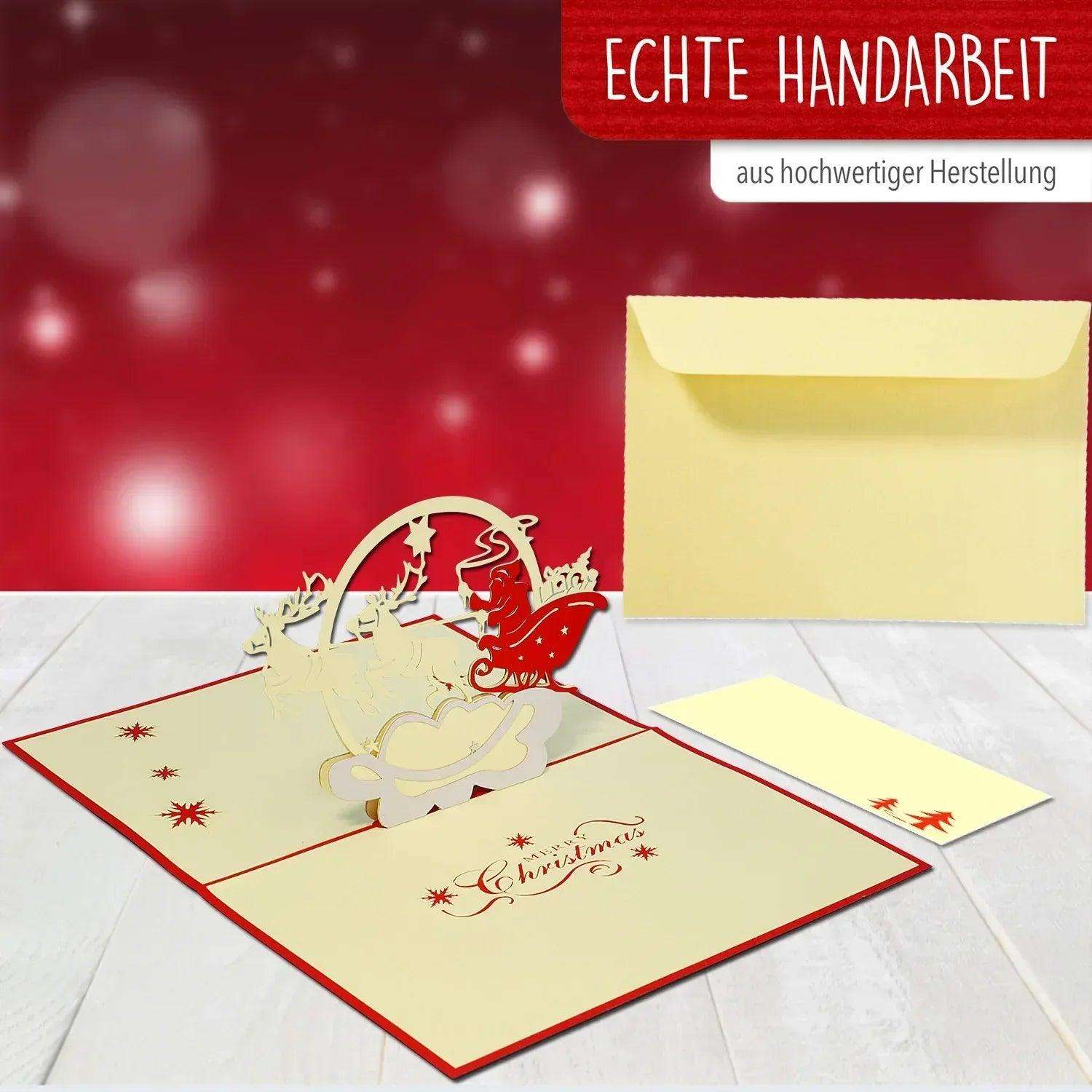 Pop Up Weihnachtskarte 3D - Weihnachtsmann, Schlitten, Rentiere, N424 - LINPopUp