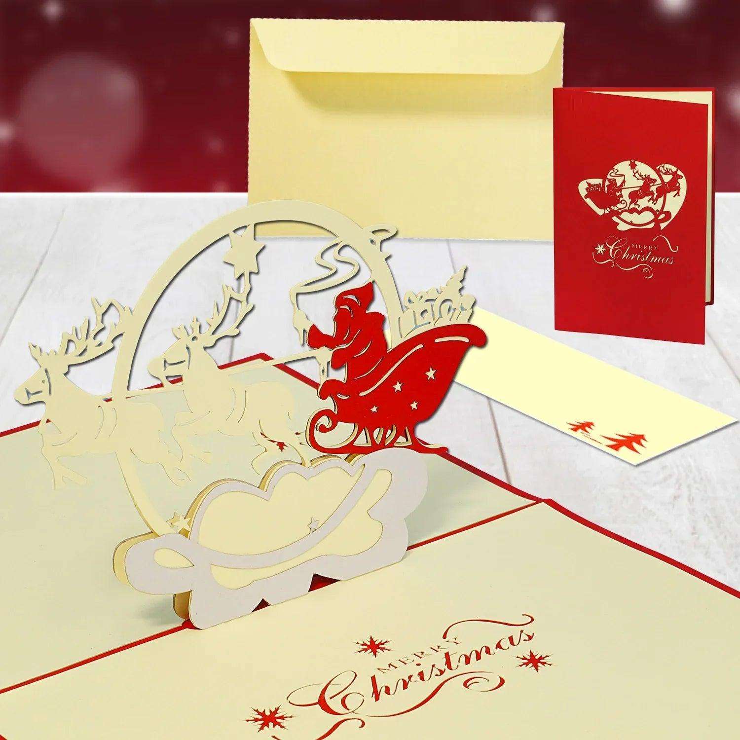 Pop Up Weihnachtskarte 3D - Weihnachtsmann, Schlitten, Rentiere, N424 - LINPopUp
