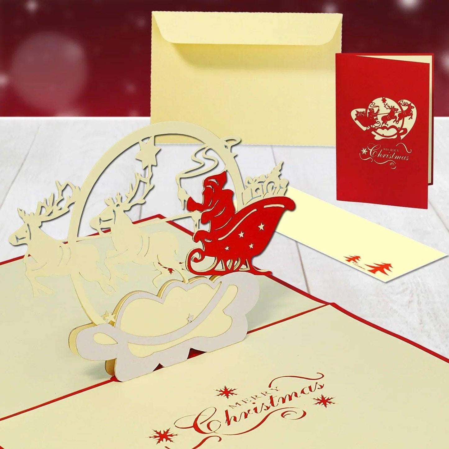 Pop Up Weihnachtskarte 3D - Weihnachtsmann, Schlitten, Rentiere, N424 - LINPopUp