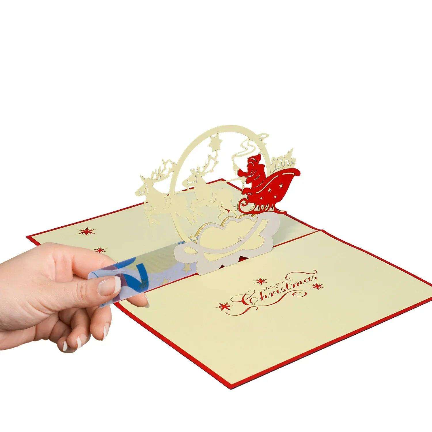 Pop Up Weihnachtskarte 3D - Weihnachtsmann, Schlitten, Rentiere, N424 - LINPopUp