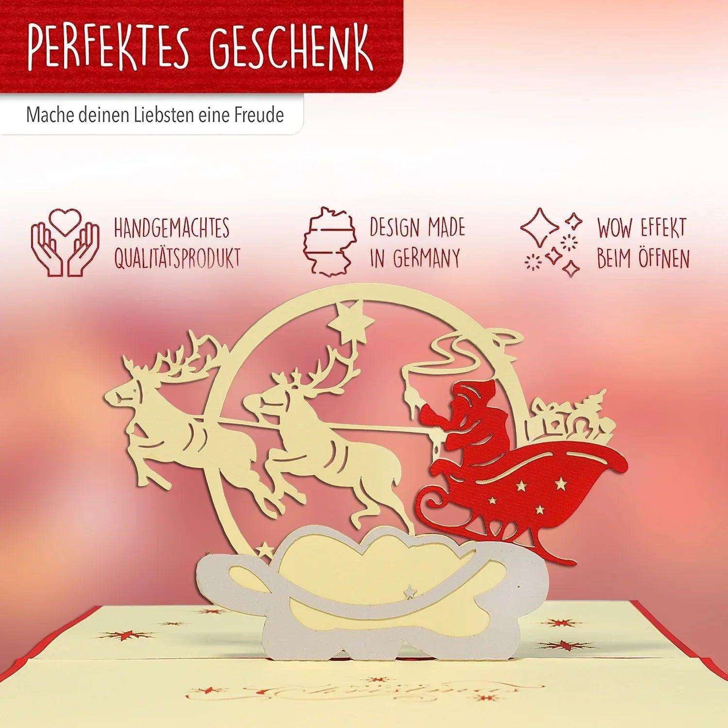 Pop Up Weihnachtskarte 3D - Weihnachtsmann, Schlitten, Rentiere, N424 - LINPopUp