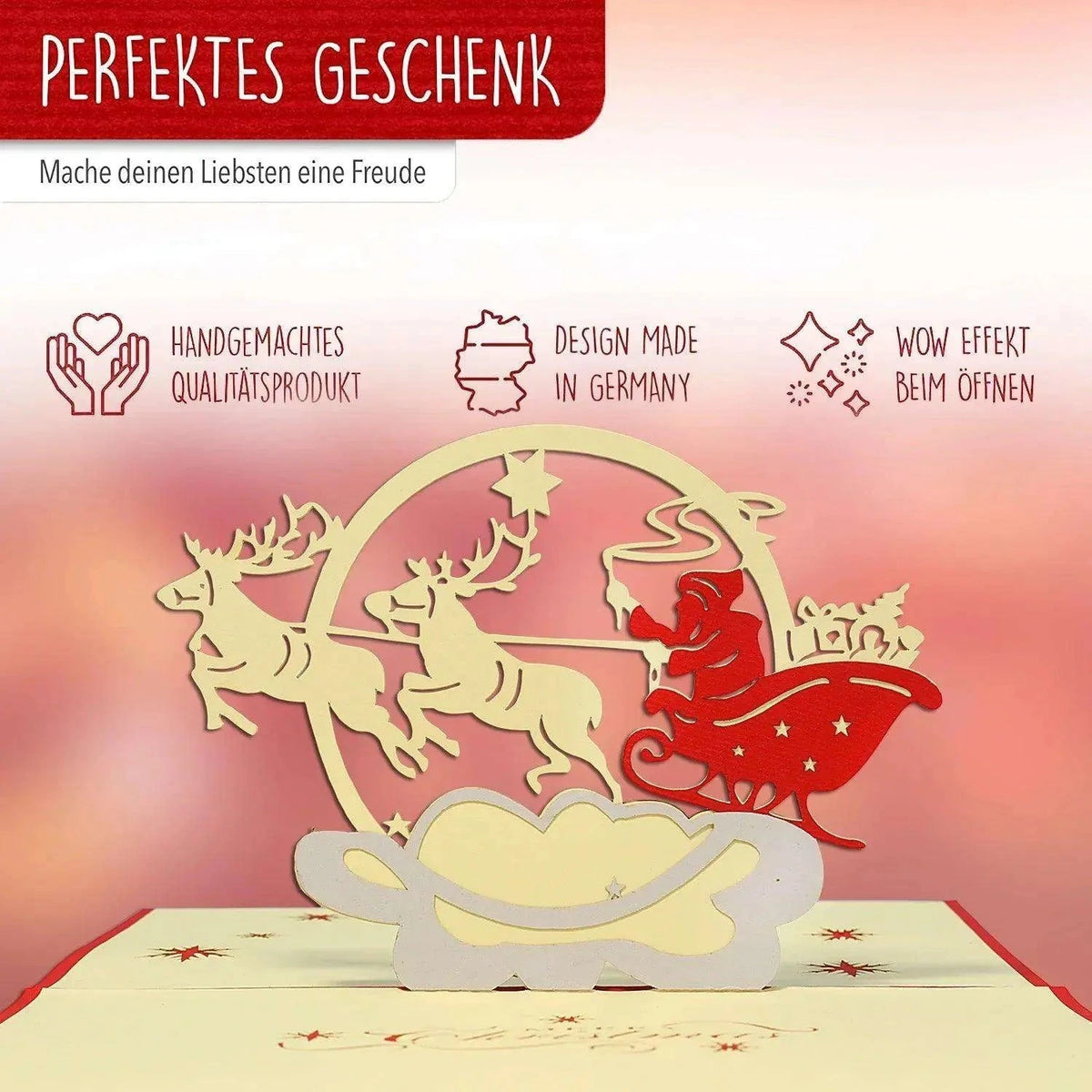Pop Up Weihnachtskarte 3D - Weihnachtsmann, Schlitten, Rentiere, N424 - LINPopUp