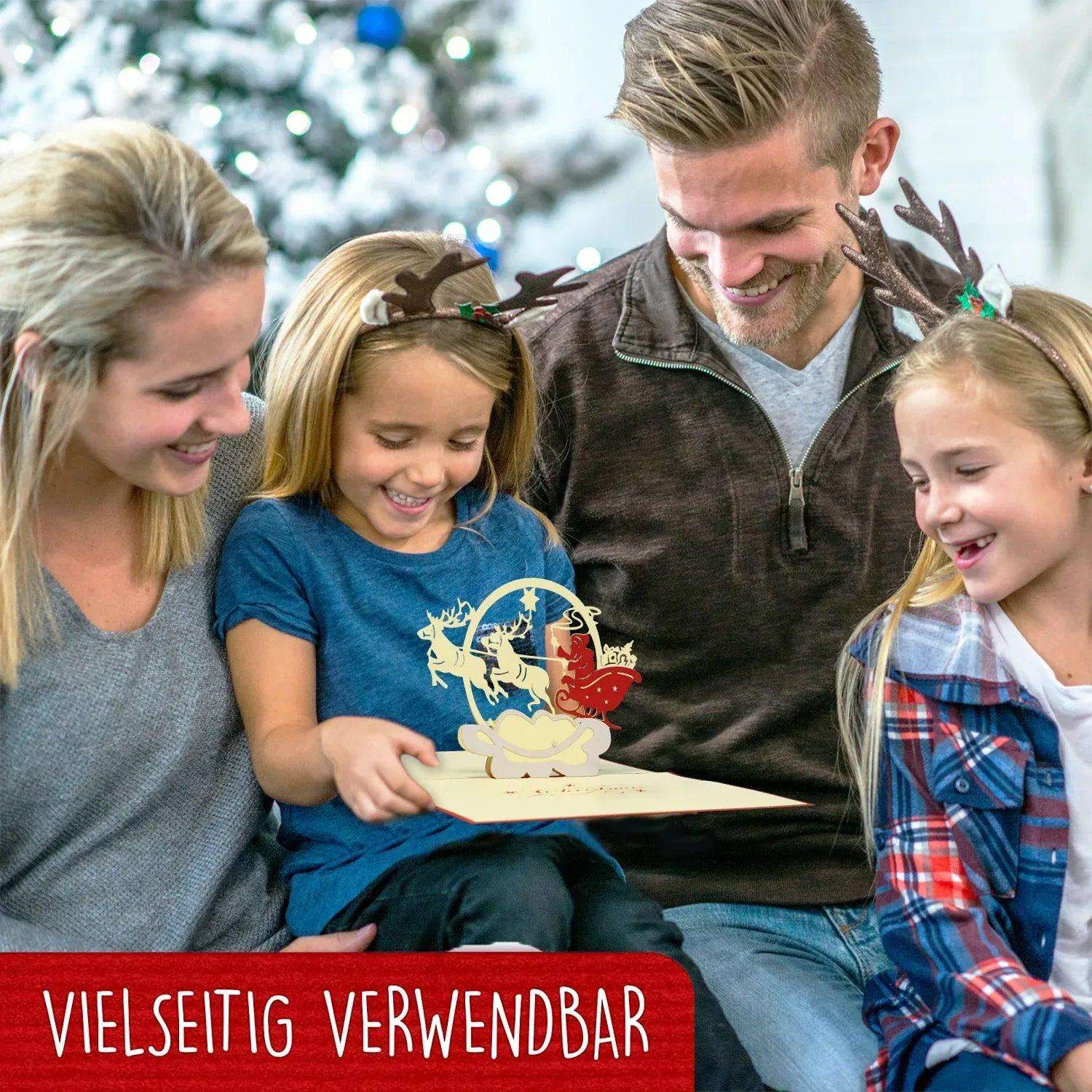 Pop Up Weihnachtskarte 3D - Weihnachtsmann, Schlitten, Rentiere, N424 - LINPopUp