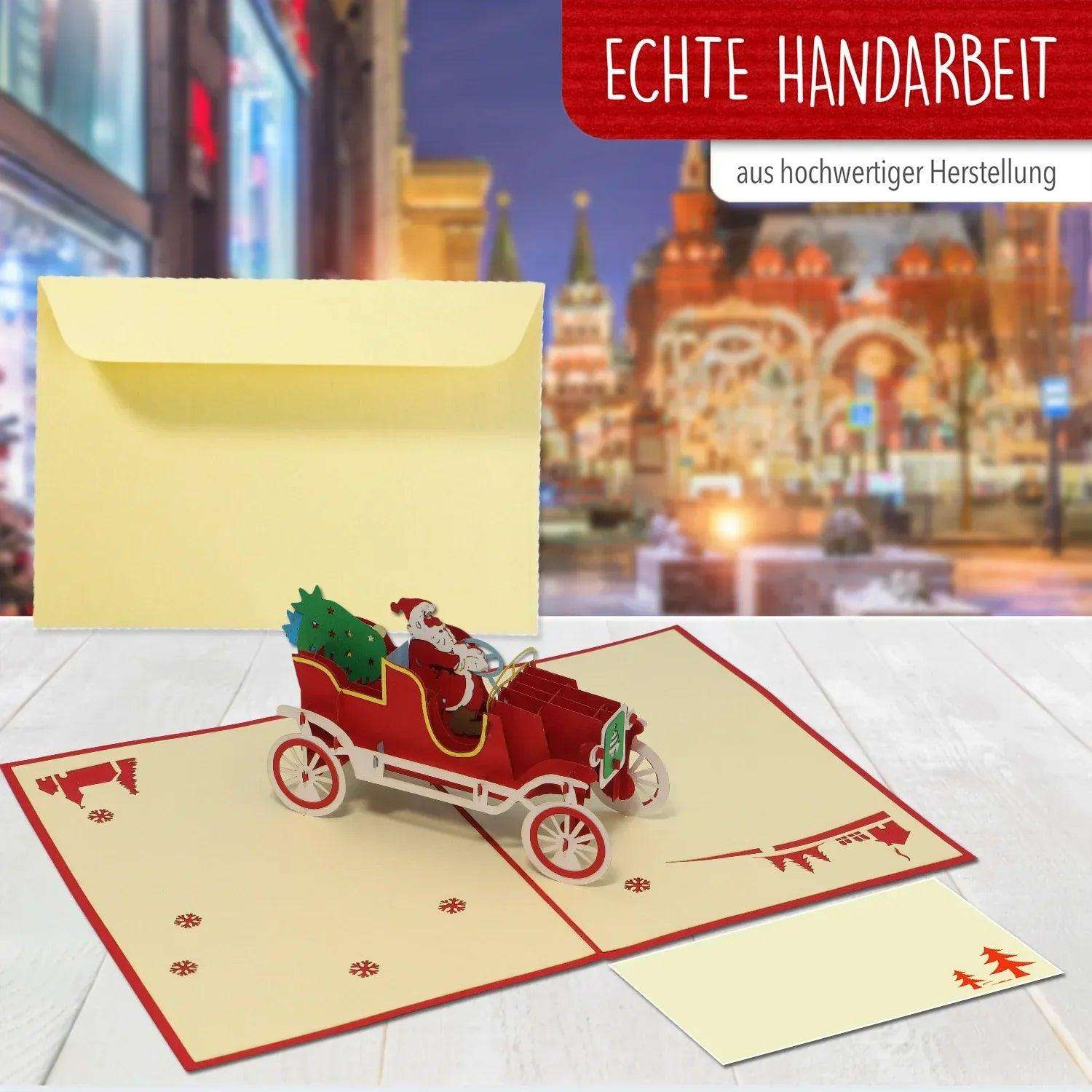 Pop Up Weihnachtskarte 3D - Weihnachtsmann im Auto, Oldtimer, N457 - LINPopUp
