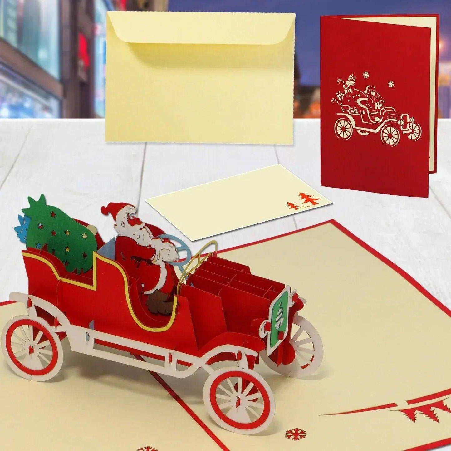 Pop Up Weihnachtskarte 3D - Weihnachtsmann im Auto, Oldtimer, N457 - LINPopUp