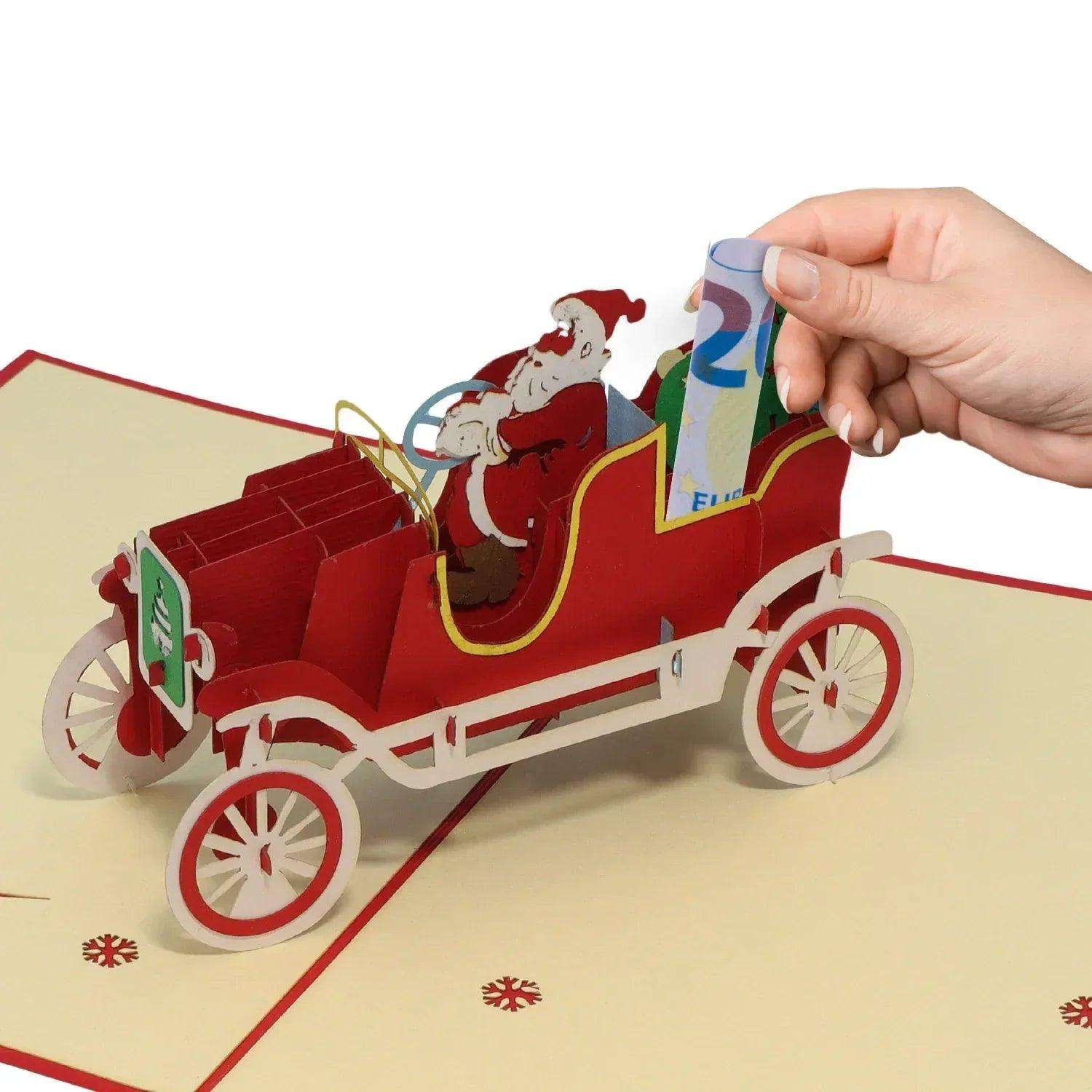 Pop Up Weihnachtskarte 3D - Weihnachtsmann im Auto, Oldtimer, N457 - LINPopUp
