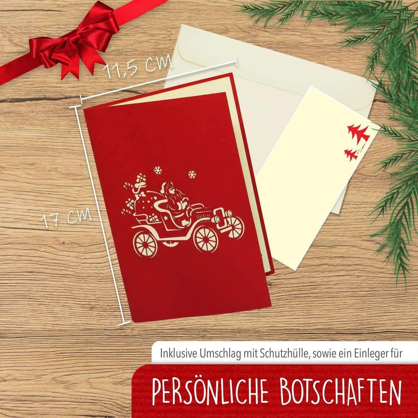 Pop Up Weihnachtskarte 3D - Weihnachtsmann im Auto, Oldtimer, N457 - LINPopUp