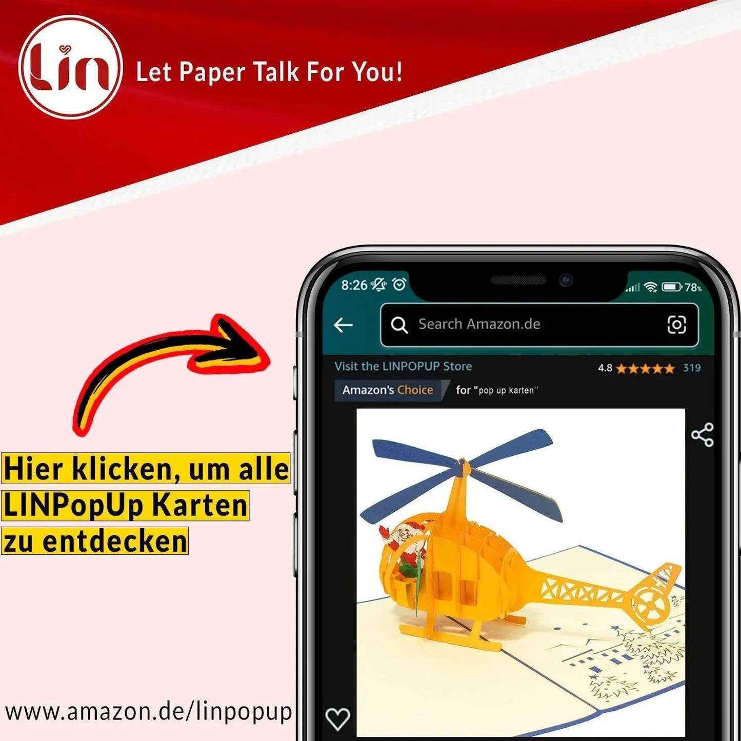 Pop Up Weihnachtskarte 3D - Weihnachtsmann im Helikopter, Hubschrauber, N454 - LINPopUp