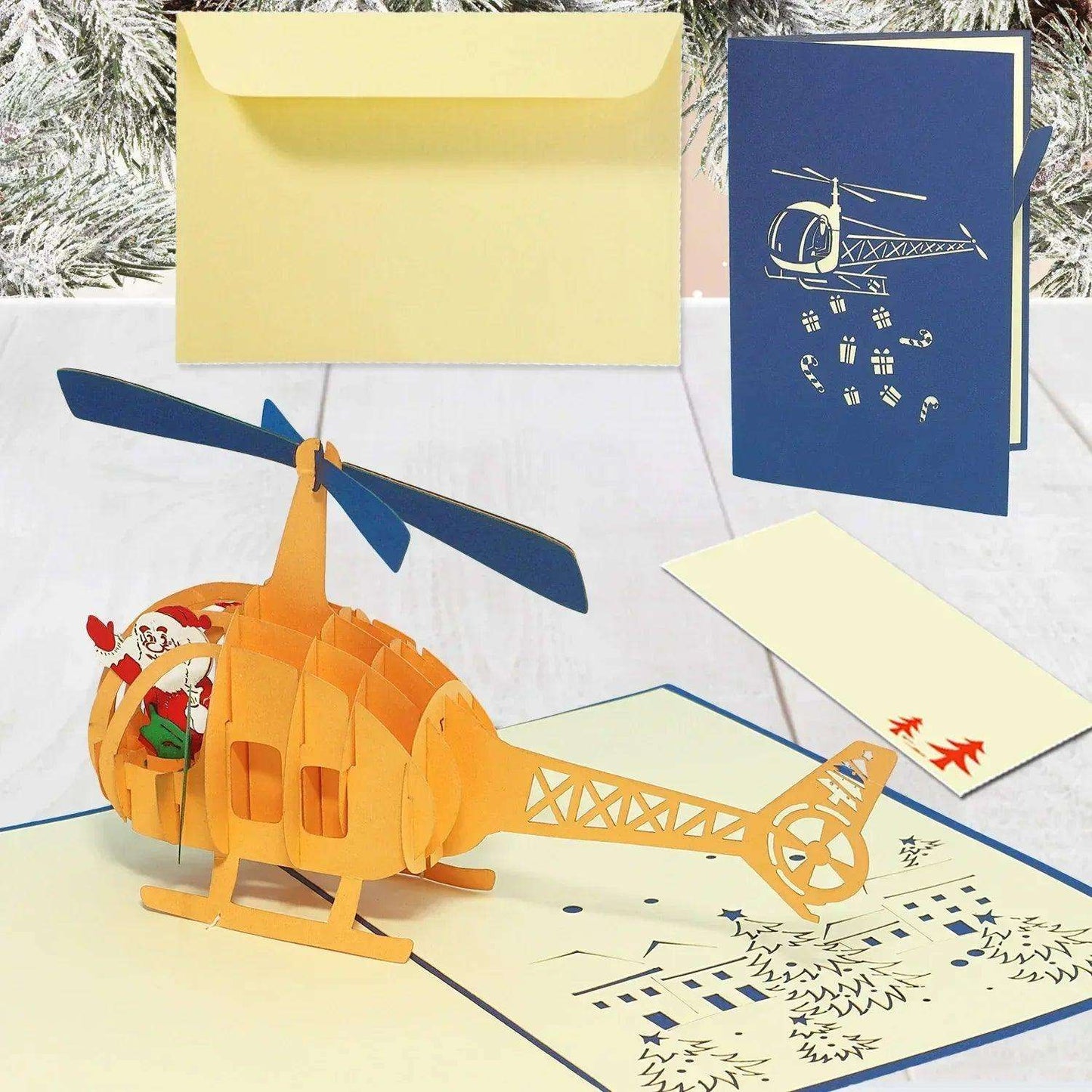 Pop Up Weihnachtskarte 3D - Weihnachtsmann im Helikopter, Hubschrauber, N454 - LINPopUp