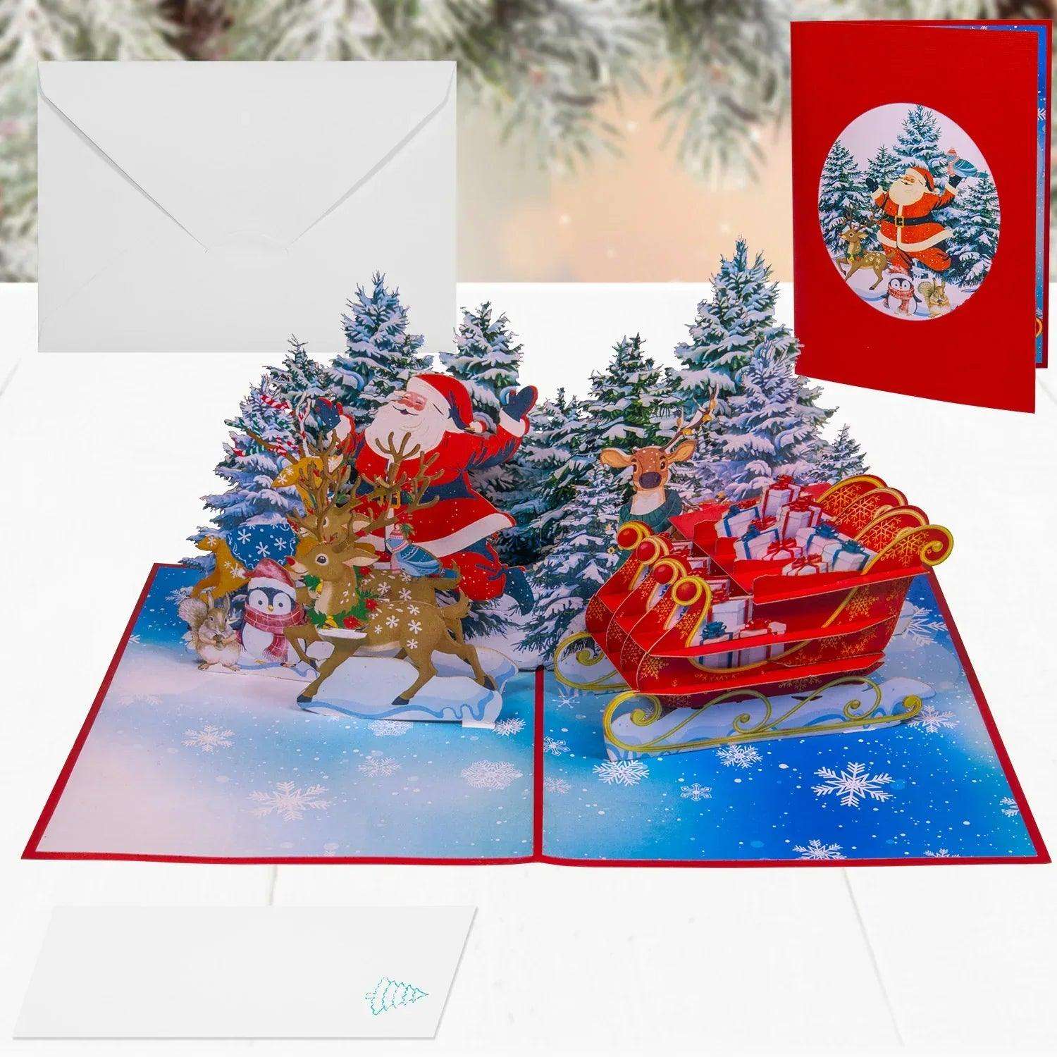 Pop Up Weihnachtskarte 3D - Weihnachtsmann im Wald mit Schlitten & Rentieren, N466 - LINPopUp