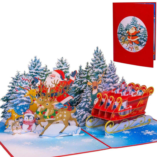 Pop Up Weihnachtskarte 3D - Weihnachtsmann im Wald mit Schlitten & Rentieren, N466 - LINPopUp