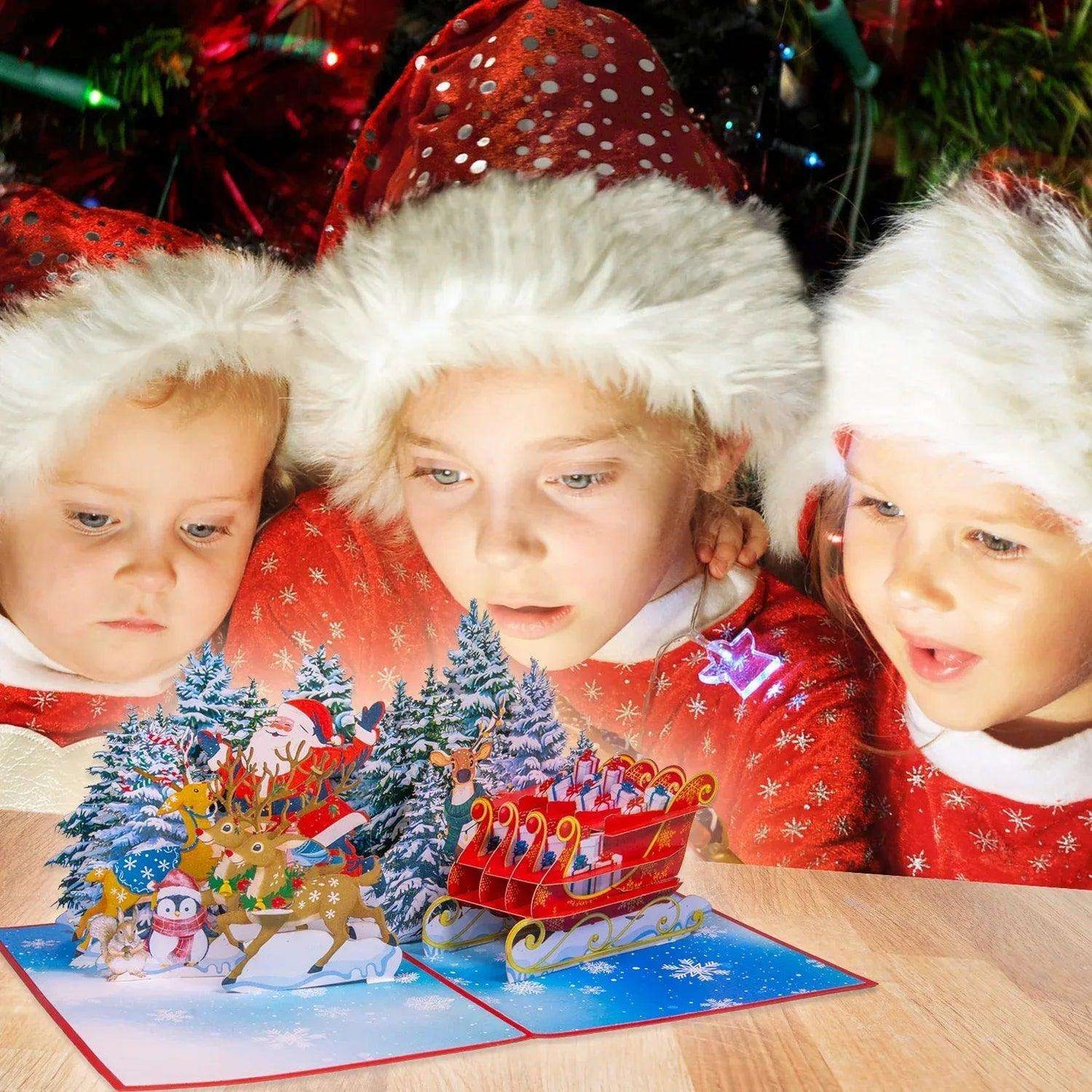 Pop Up Weihnachtskarte 3D - Weihnachtsmann im Wald mit Schlitten & Rentieren, N466 - LINPopUp