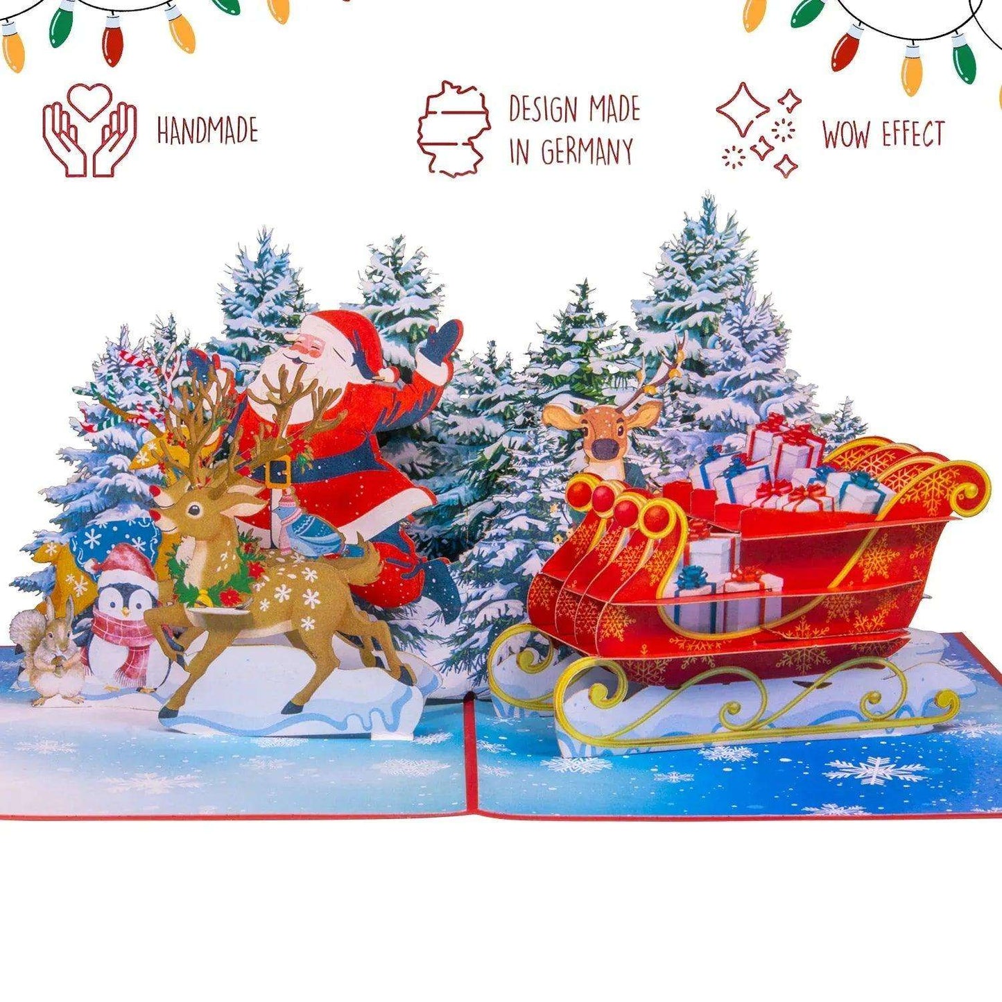 Pop Up Weihnachtskarte 3D - Weihnachtsmann im Wald mit Schlitten & Rentieren, N466 - LINPopUp