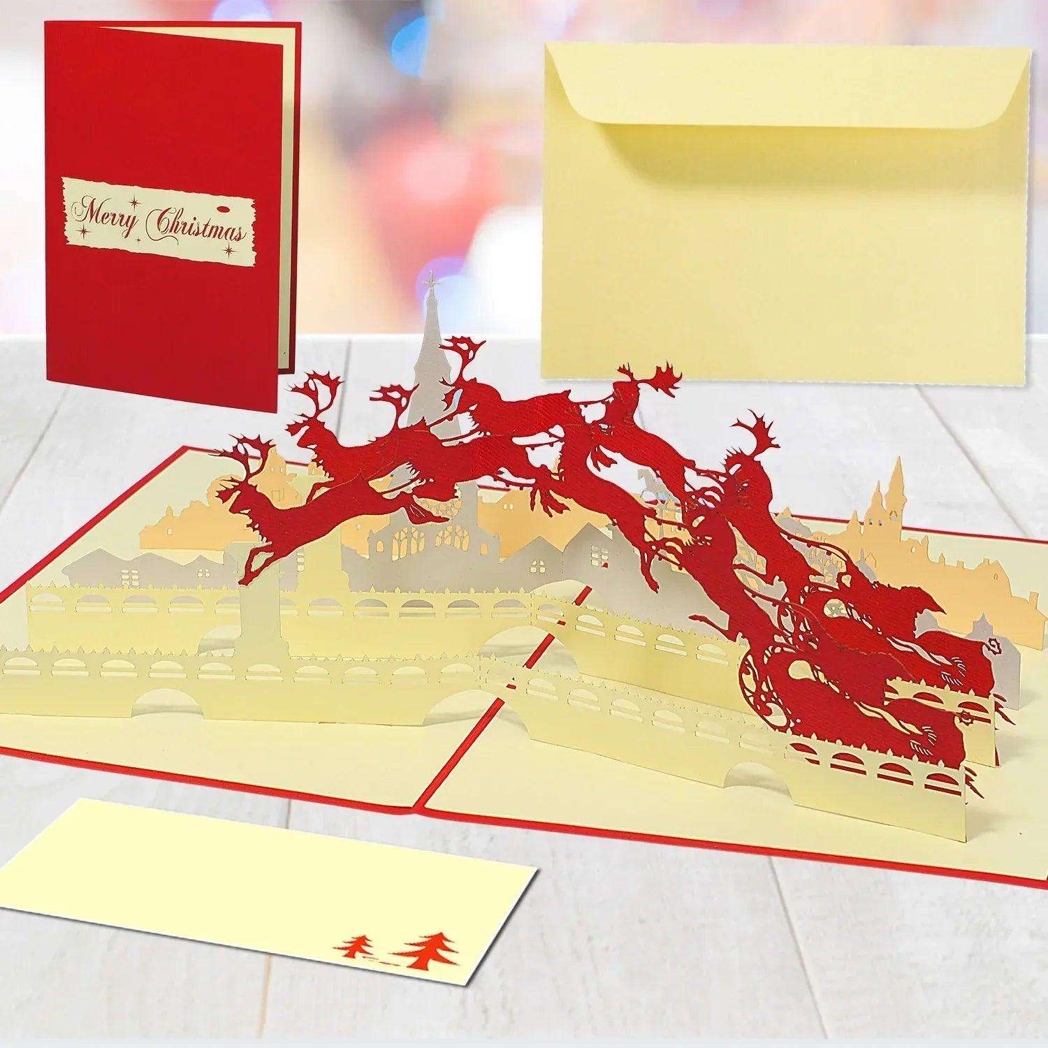 Pop Up Weihnachtskarte 3D - Weihnachtsmann über der Stadt, N428 LINPopUp N428