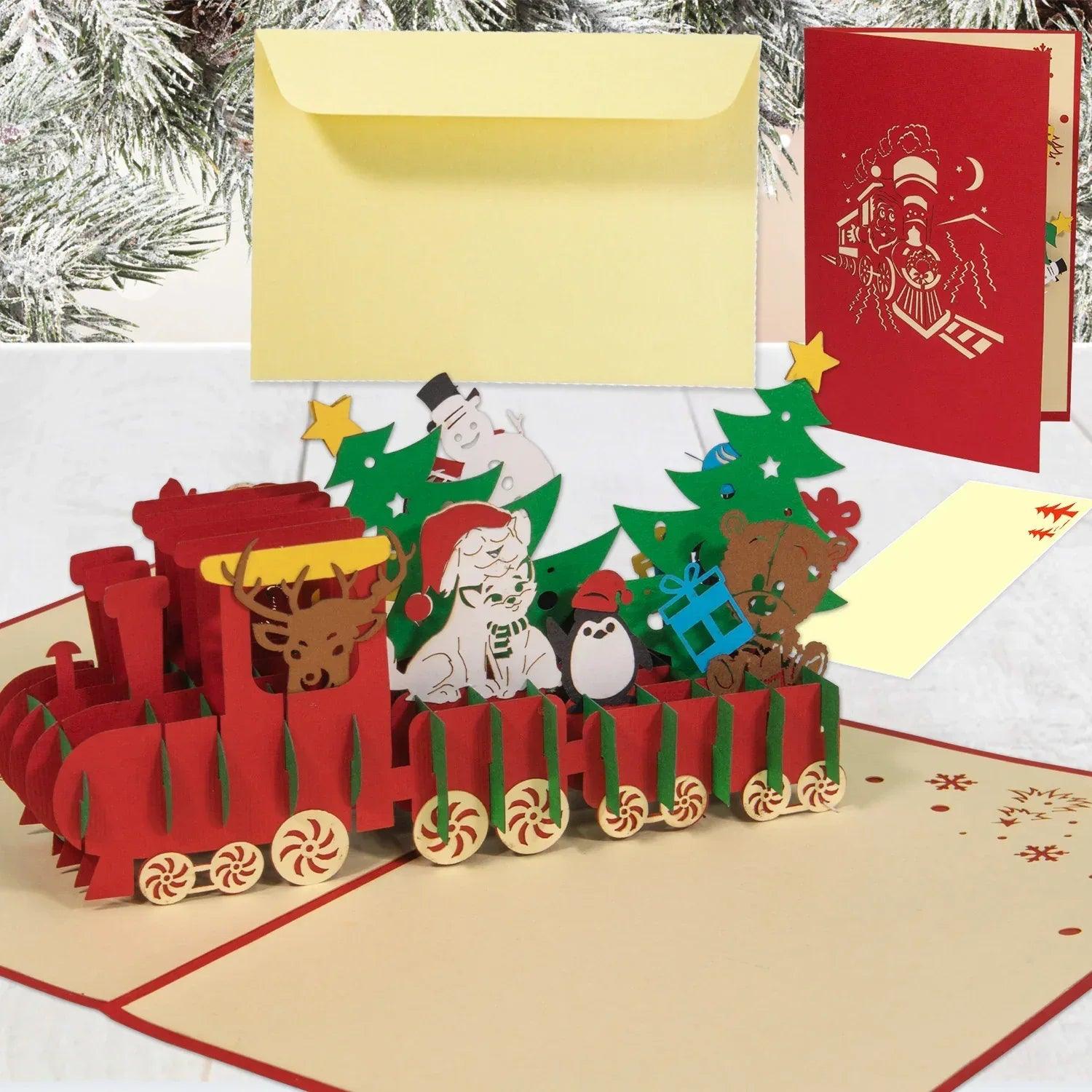 Pop Up Weihnachtskarte 3D - Weihnachtszug, Lokomotive, Eisenbahn, N427 - LINPopUp