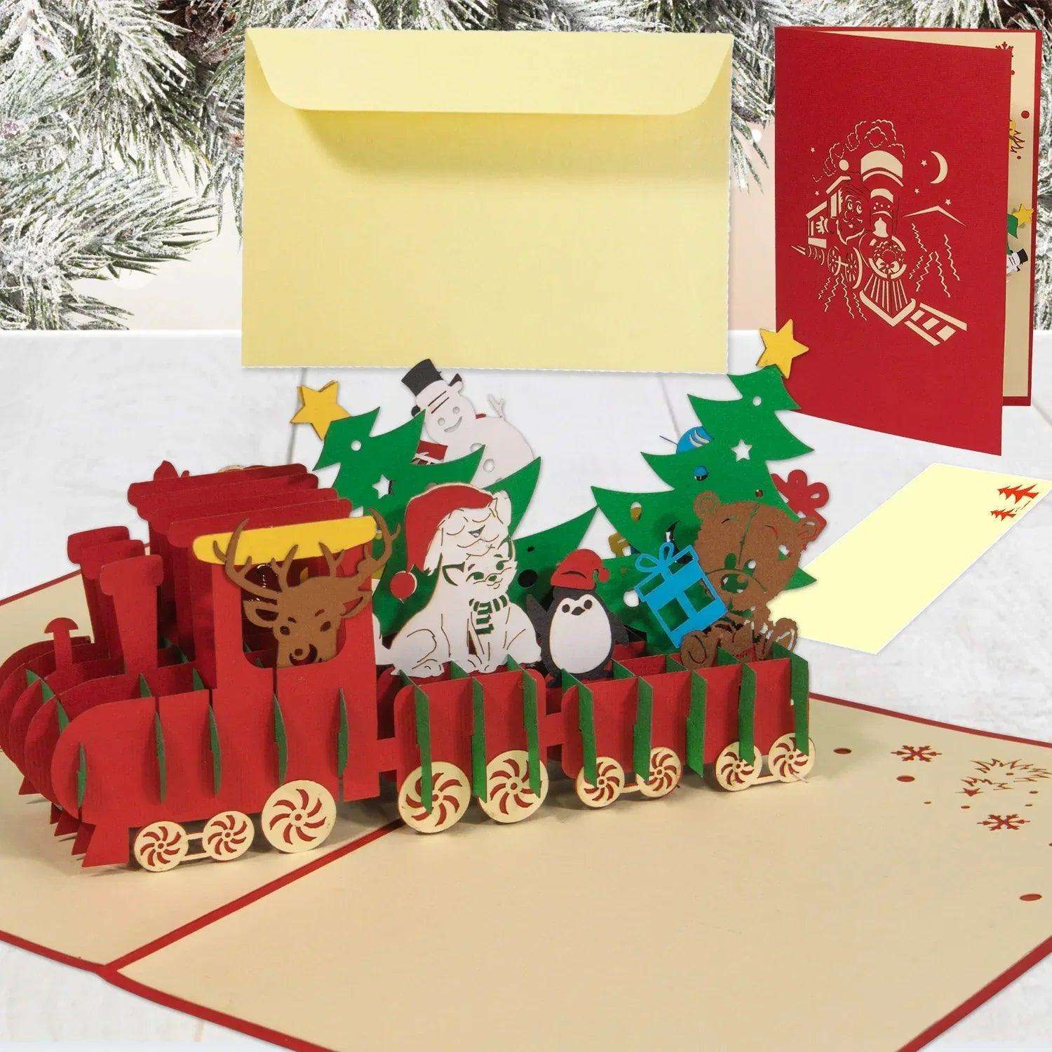 Pop Up Weihnachtskarte 3D - Weihnachtszug, Lokomotive, Eisenbahn, N427 - LINPopUp