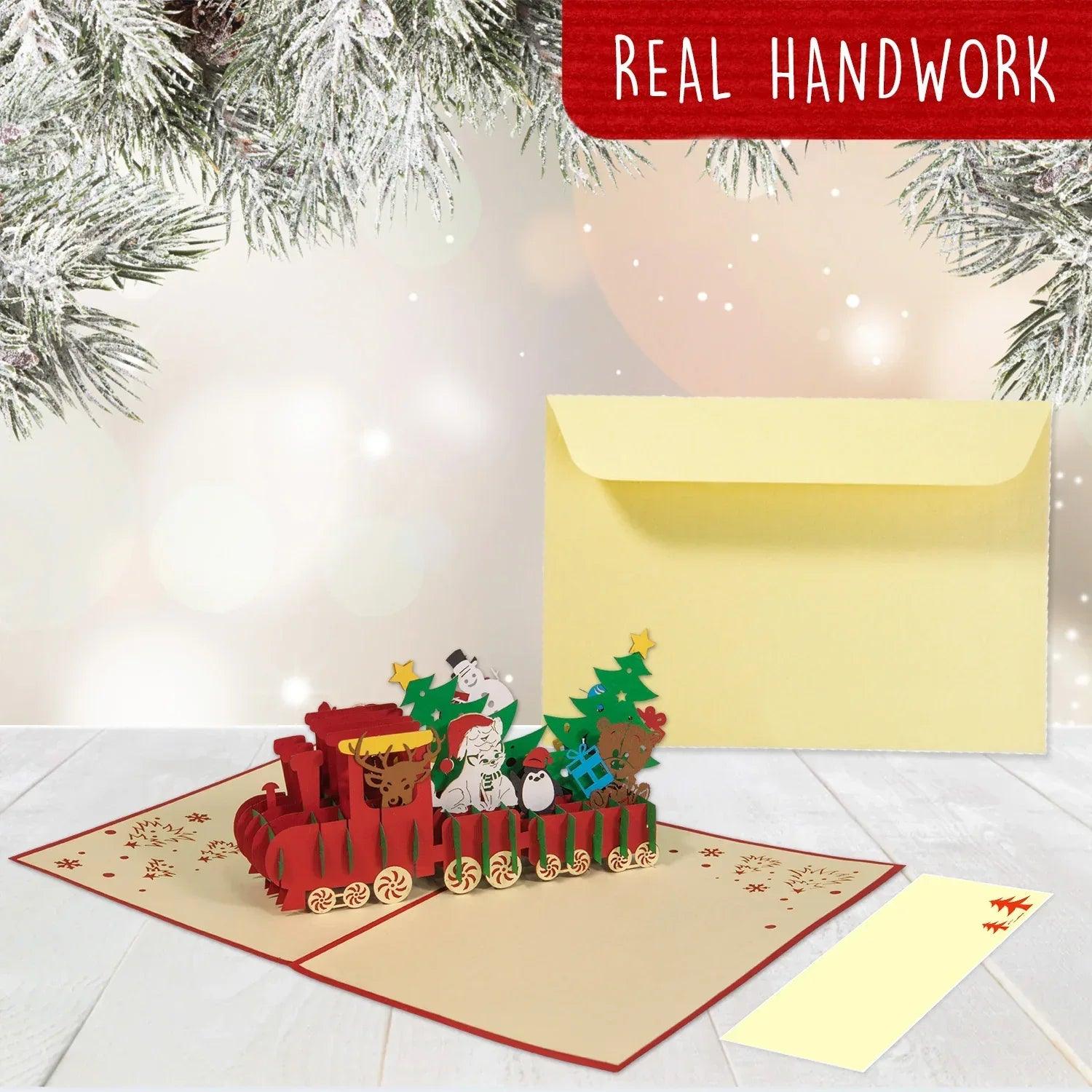 Pop Up Weihnachtskarte 3D - Weihnachtszug, Lokomotive, Eisenbahn, N427 - LINPopUp