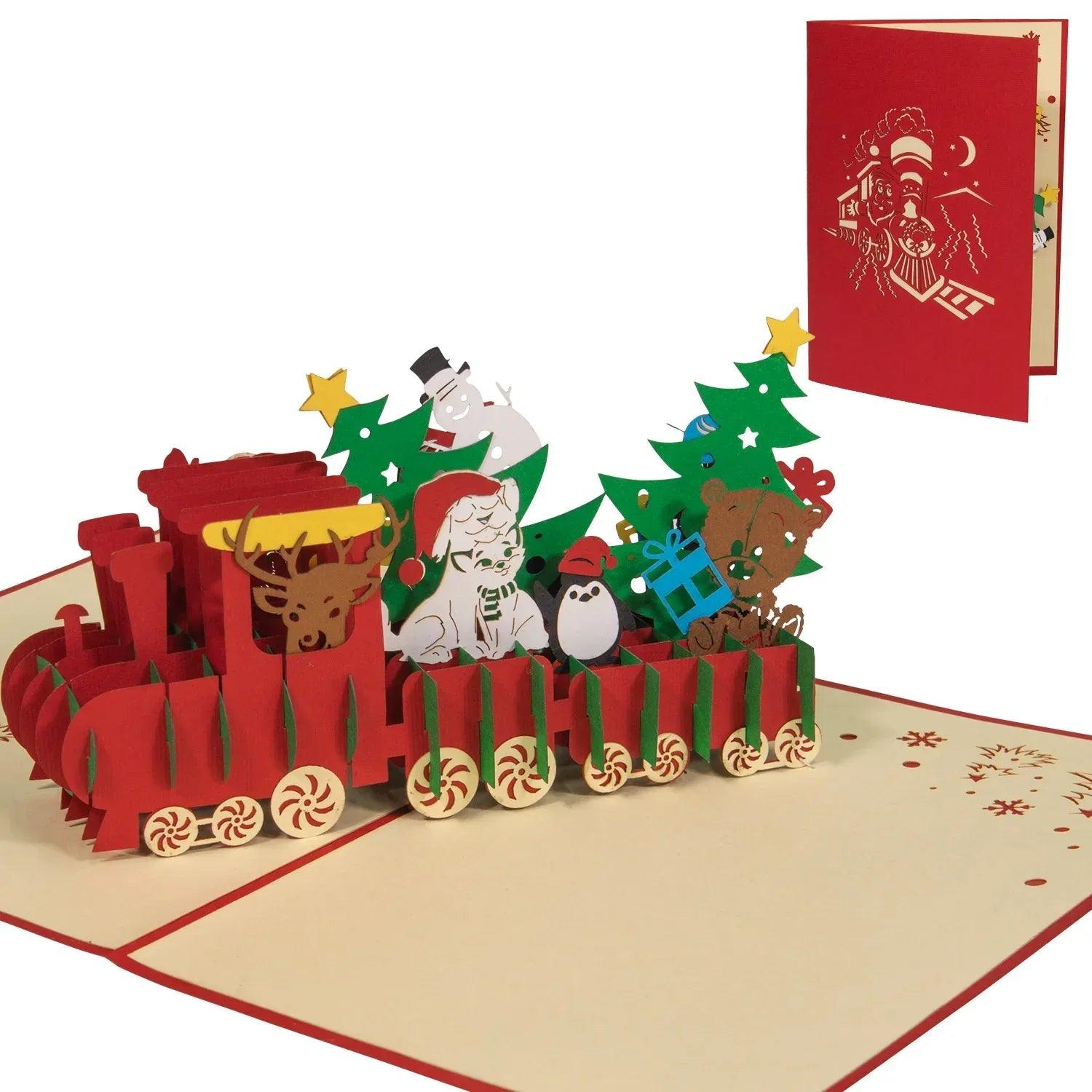 Pop Up Weihnachtskarte 3D - Weihnachtszug, Lokomotive, Eisenbahn, N427 - LINPopUp