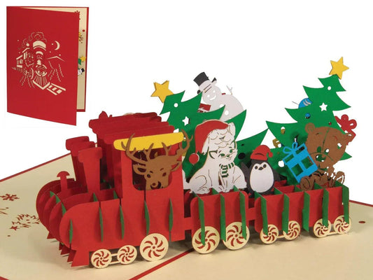 Pop Up Weihnachtskarte 3D - Weihnachtszug, Lokomotive, Eisenbahn, N427 - LINPopUp