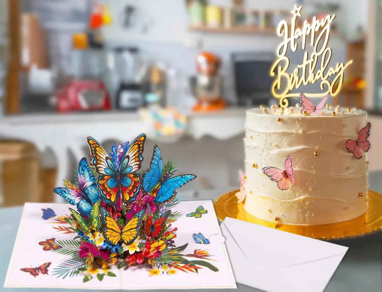 Pop Up Karte 3D Schmetterlinge auf Blumen – Grußkarte Geburtstag & Muttertag