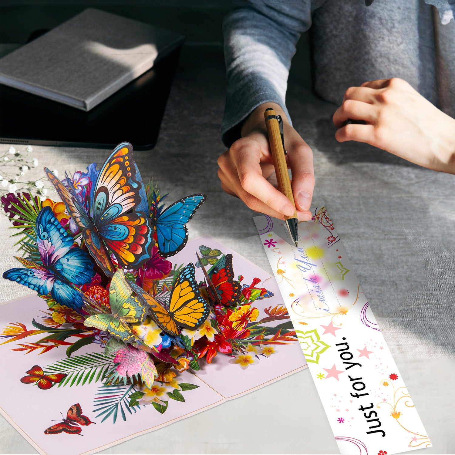 Pop-Up Karte – 3D Grußkarte, Schmetterlinge auf Blumen, N52