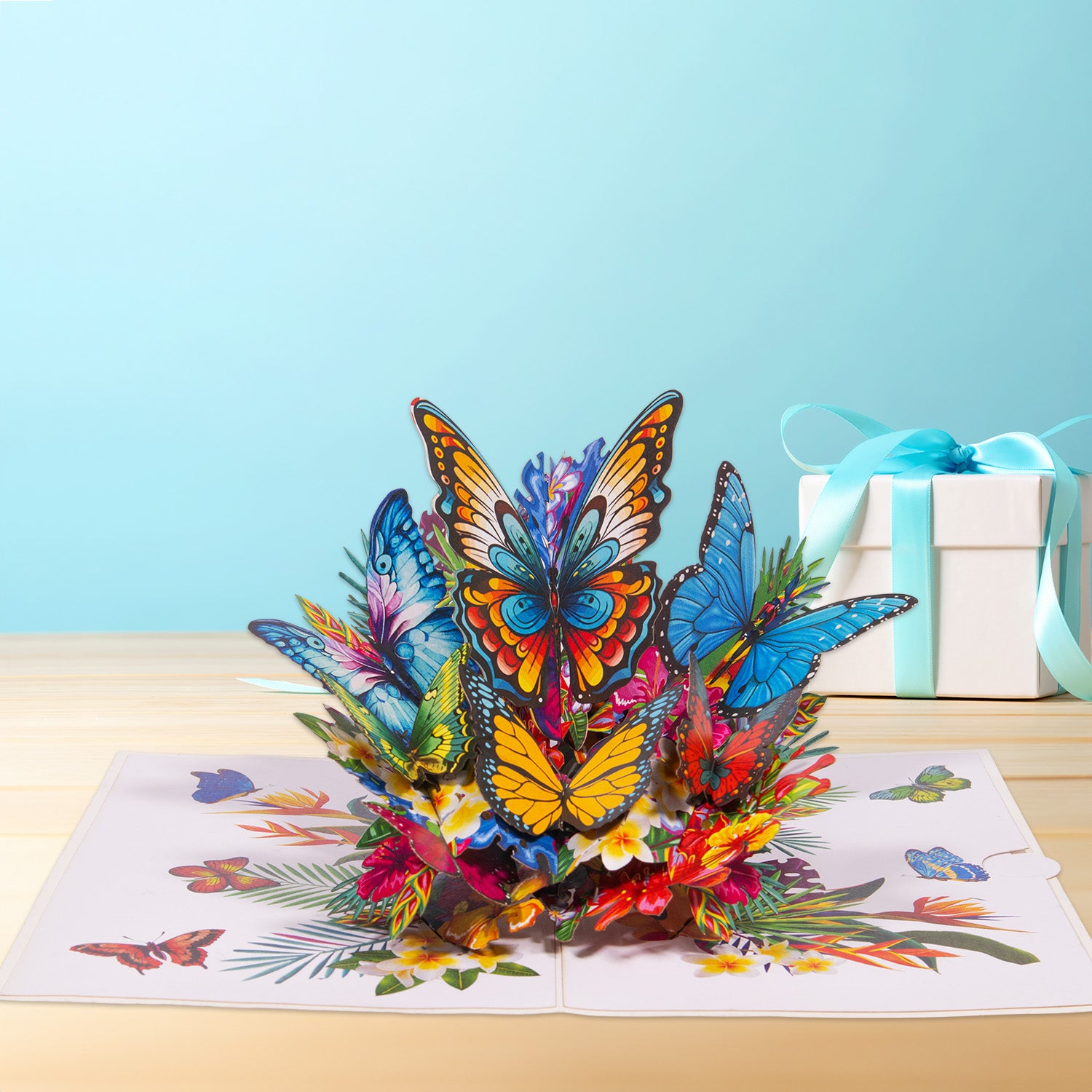 Pop-Up Karte – 3D Grußkarte, Schmetterlinge auf Blumen, N52