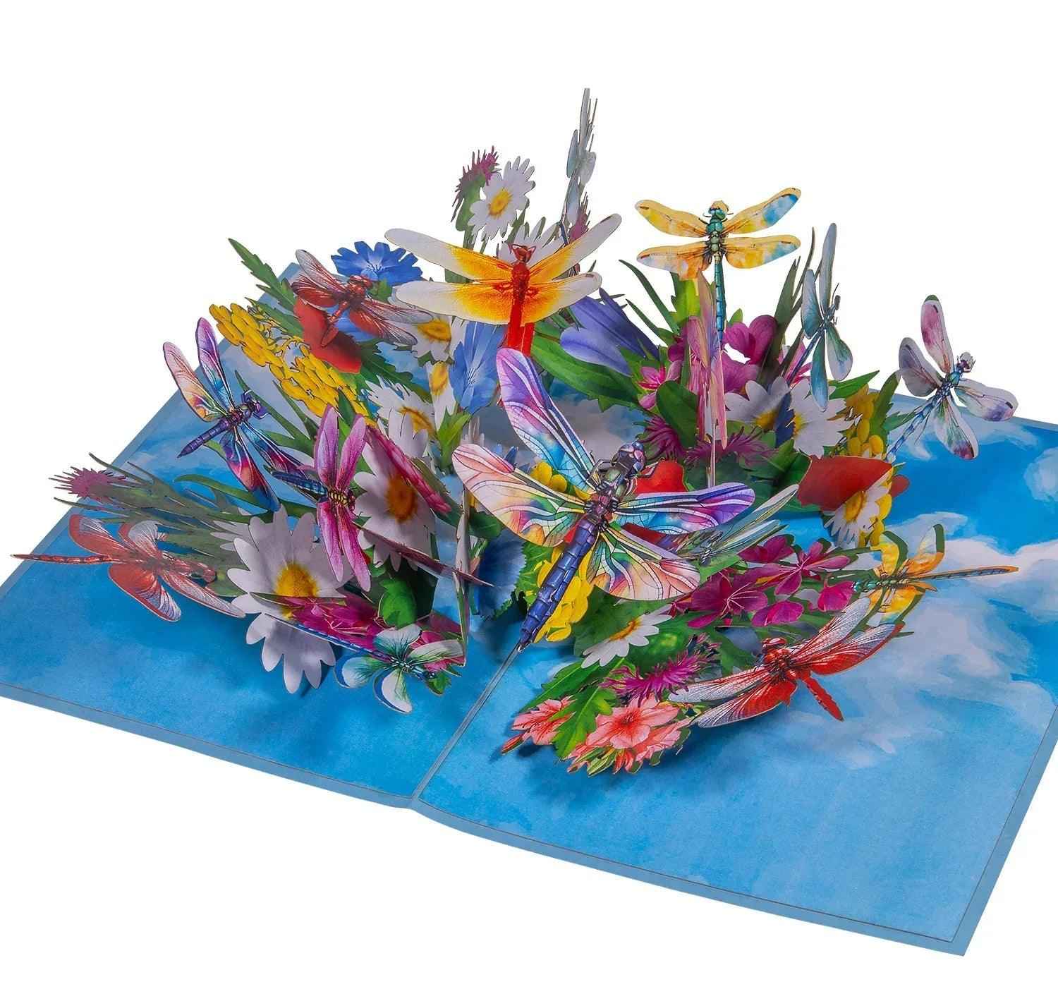 Pop Up Karte – 3D Grußkarte, Libelle auf Blumen, N135