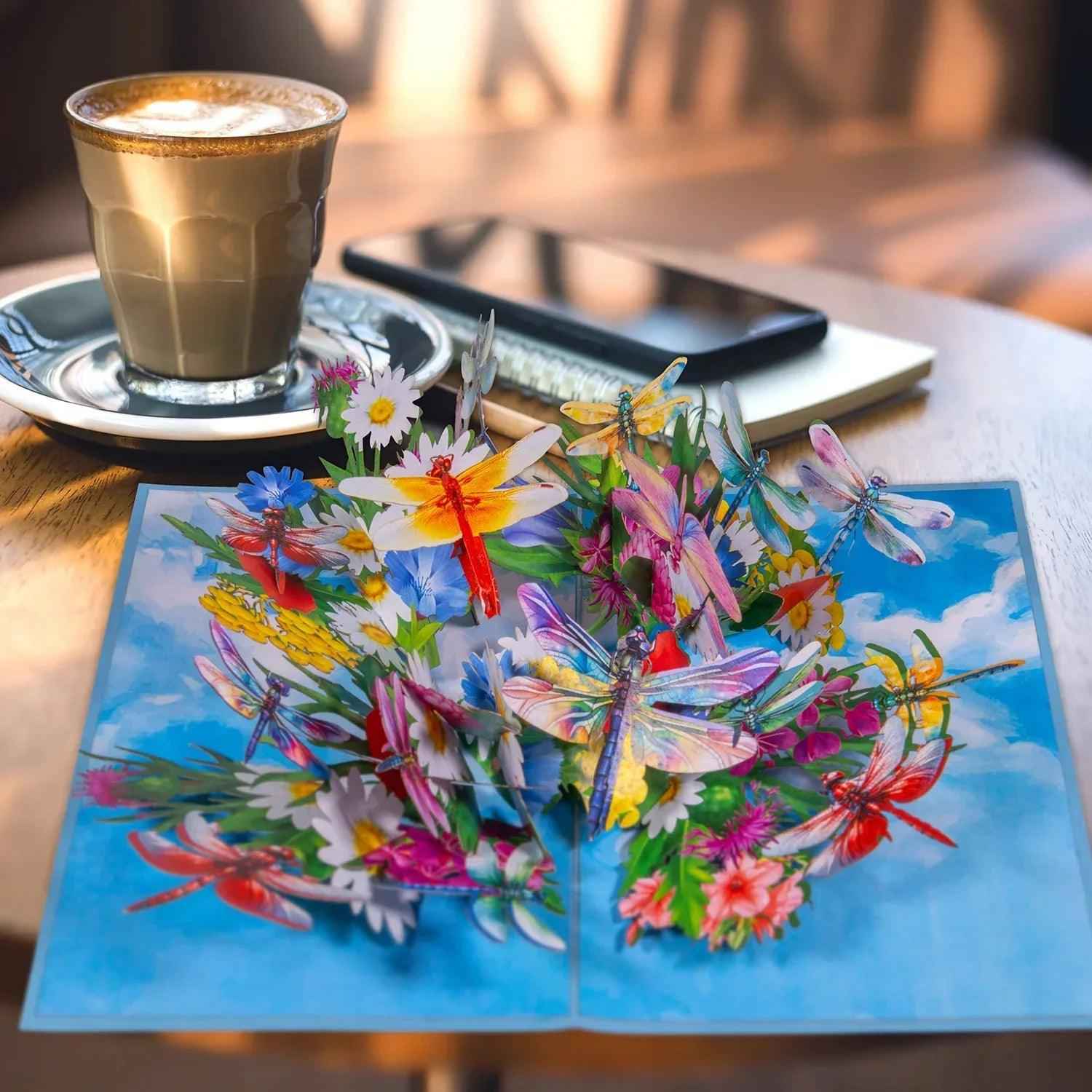Pop Up Karte – 3D Grußkarte, Libelle auf Blumen, N135