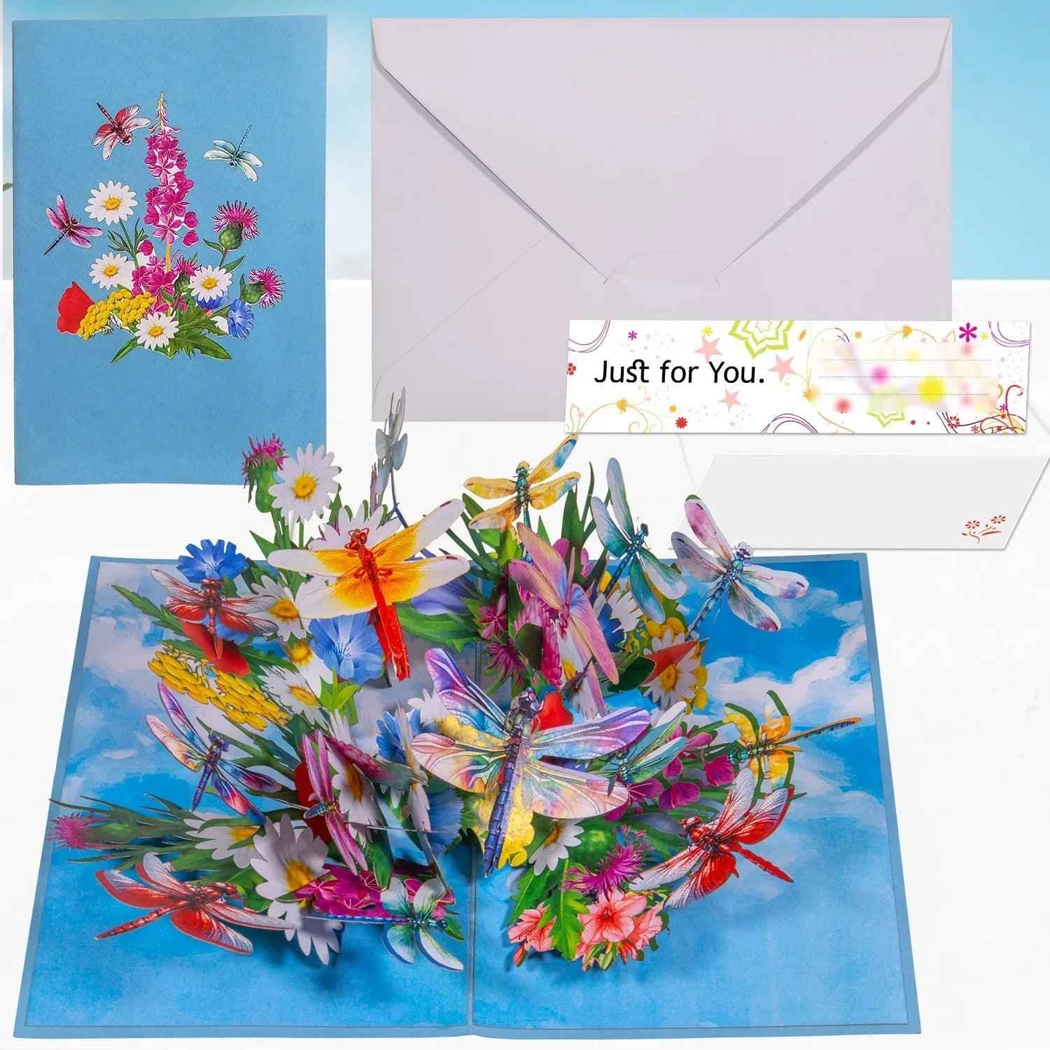 Pop Up Karte – 3D Grußkarte, Libelle auf Blumen, N135 LINPopUp N135