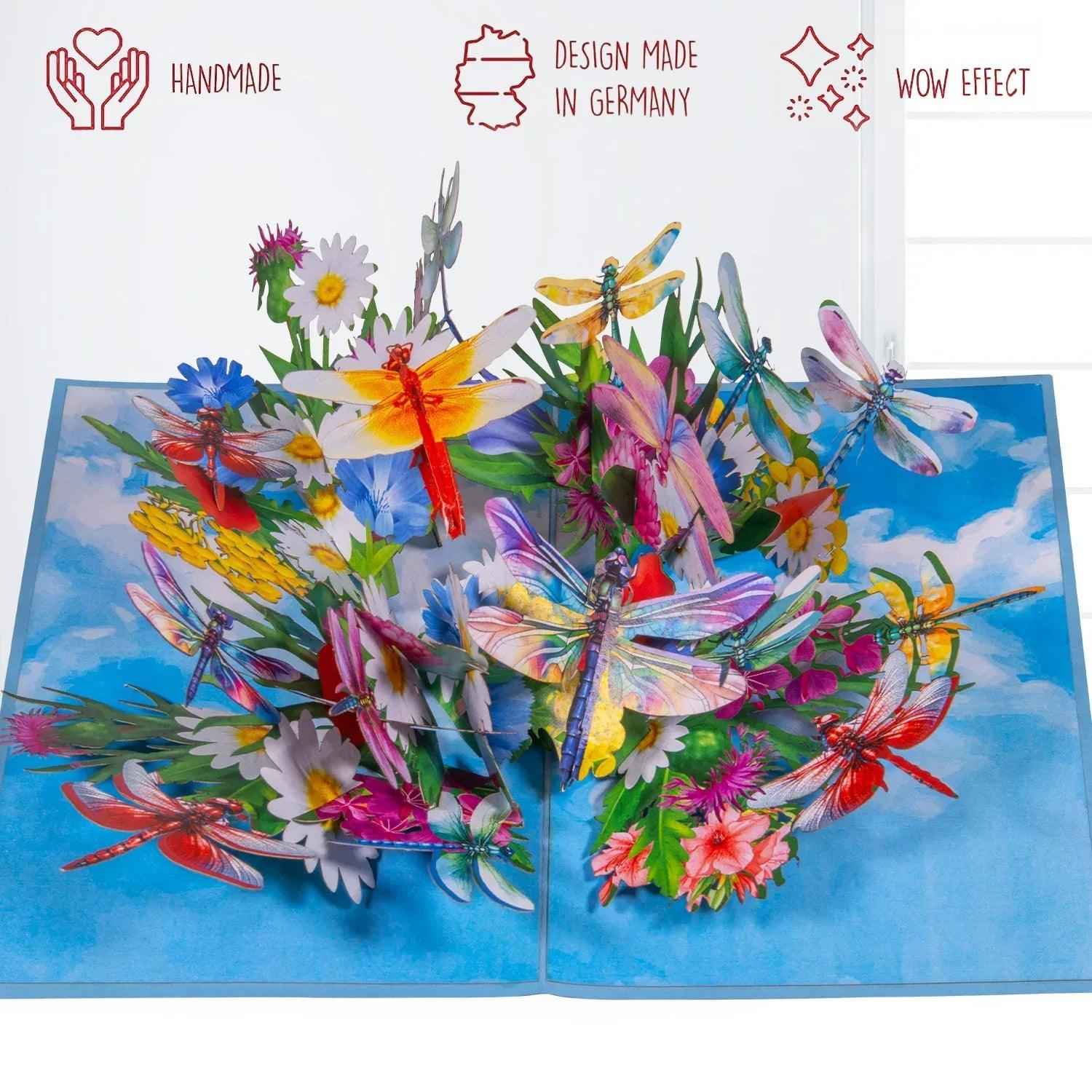 Pop Up Karte – 3D Grußkarte, Libelle auf Blumen, N135